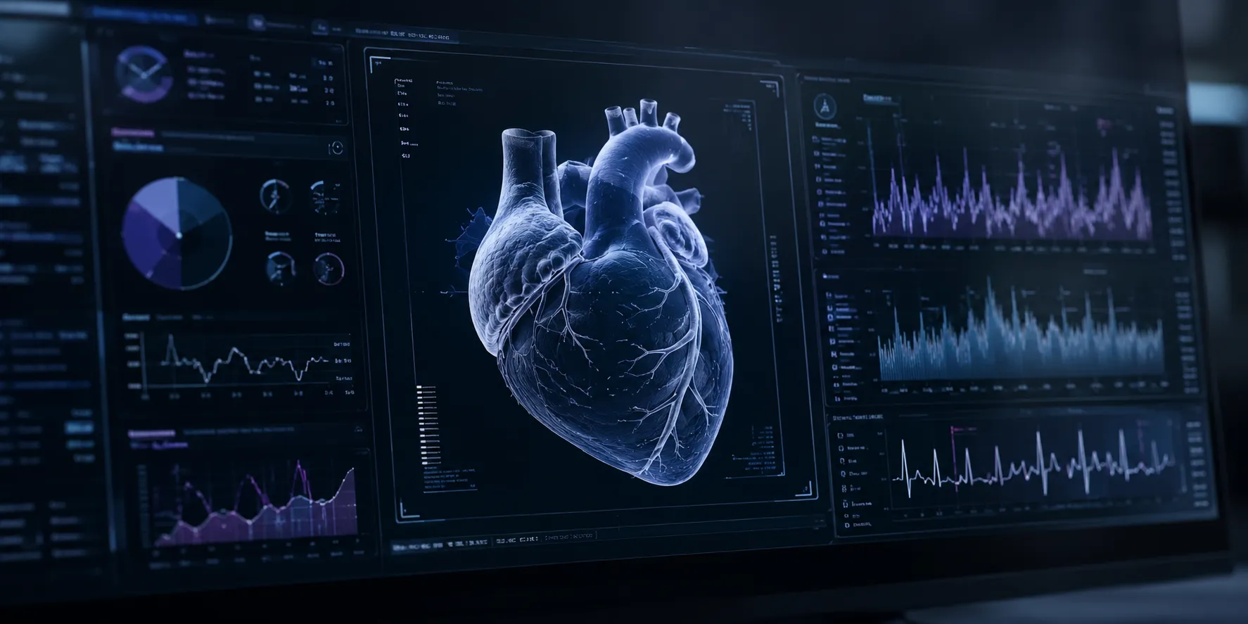 Rendering 3D di un cuore anatomico al centro di una dashboard di dati clinici, con grafici e tracciati su sfondo scuro.